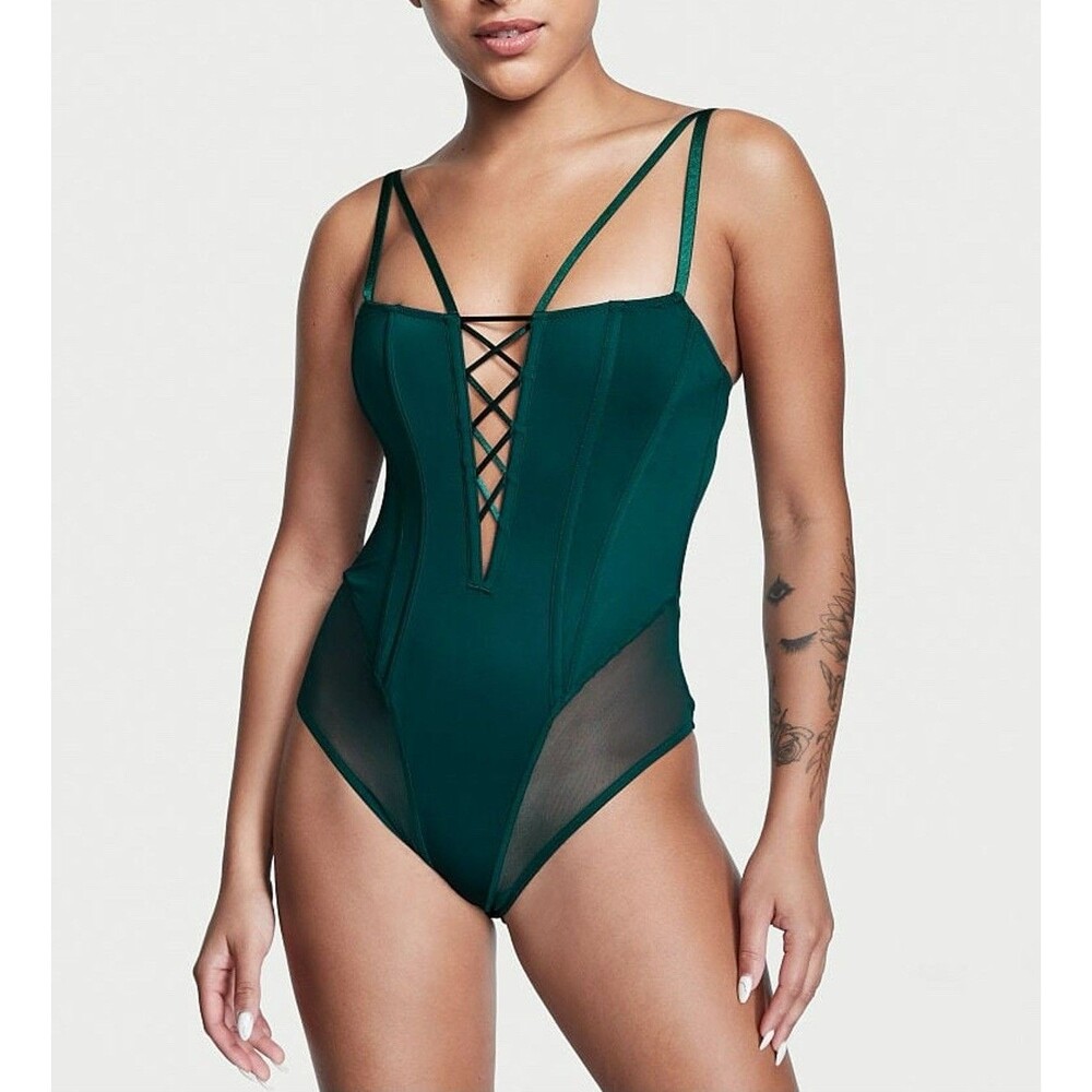 2022 Victoria's Secret Lace-Up Corset Bodysuit Teddy Size S Women Dark Ivy Green